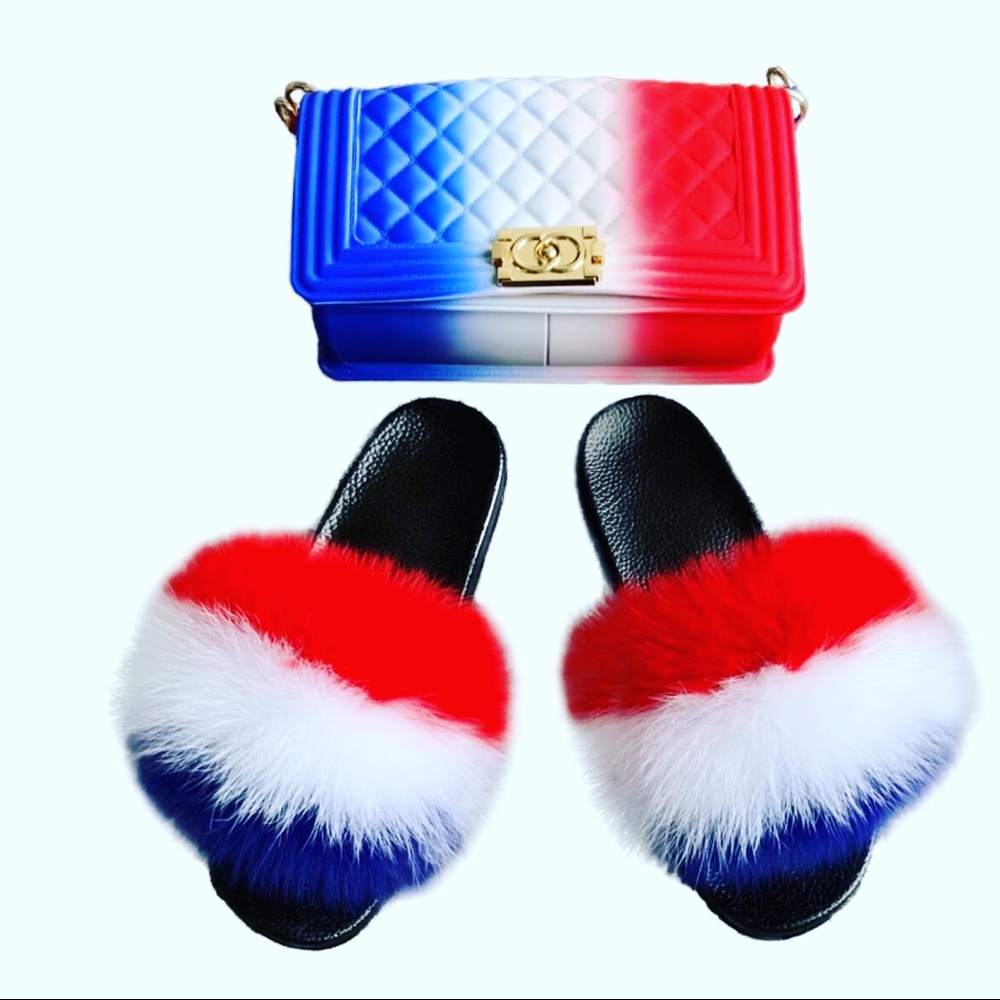 Fur slides w/crossbody purse💙❤️🤍